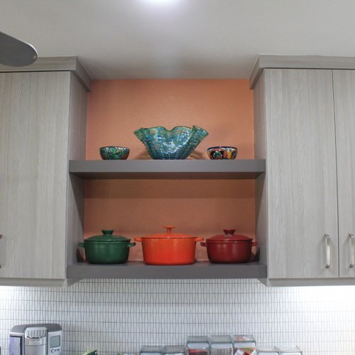 Open shelving in a Corpus Christi kitchen remodel