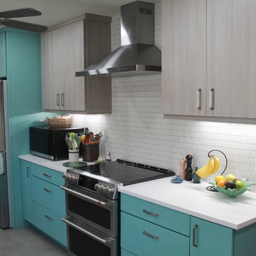 Colorful kitchen remodel with turquoise cabinets